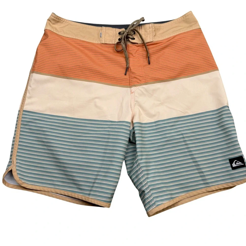 Quiksilver Highline Board Shorts Mens 32 Striped Swim Trunks Orange Blue